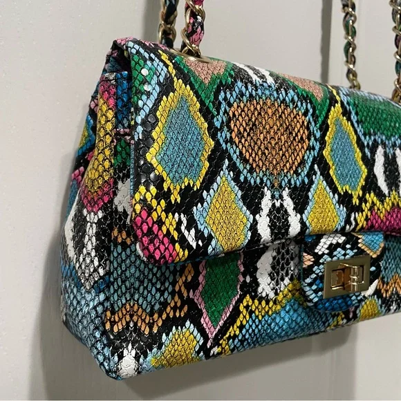 Multicolor Snake Skin Texture Tropical Handbag Purse Chic Resort Festival 10x5x3 - Picture 5 of 6